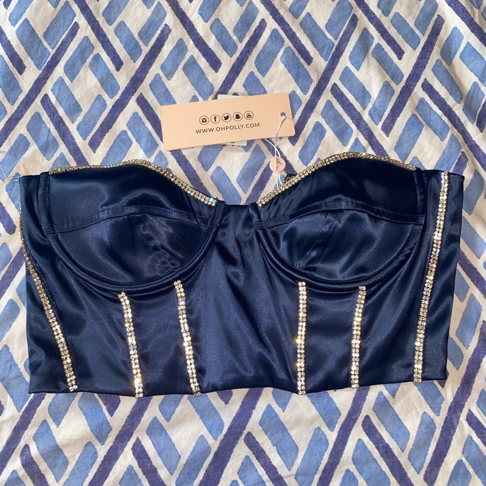 Oh Polly Navy Sparkling Crop Top